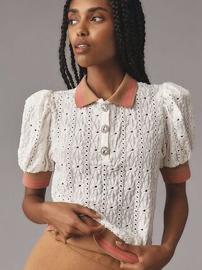 Maeve Anthropologie NWT Ivory Eyelet Puff-Sleeve Lace Polo Top Size XL Sold Out